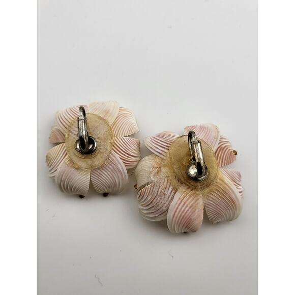 Vintage Shell Flower Clip On Earrings Rhinestone Pearl Accents - Picture 4 of 5